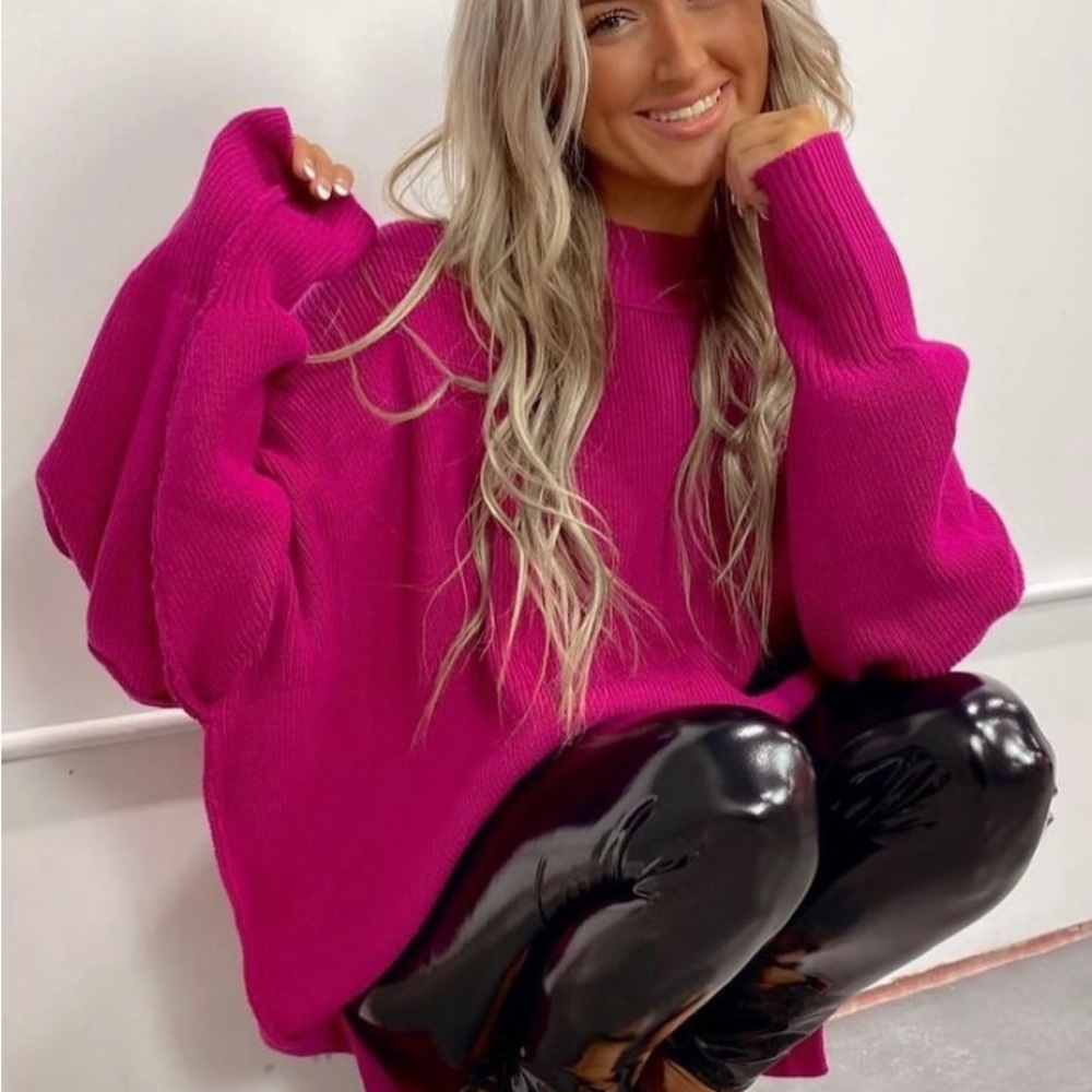 Vibrant Fuchsia Oversized Crew Neck Sweater